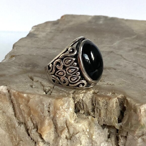 Sterling Silver 925 Chunky Oval Black Onyx Cab Pierced Scrollwork Ring Sz 6.5 - Picture 4 of 16